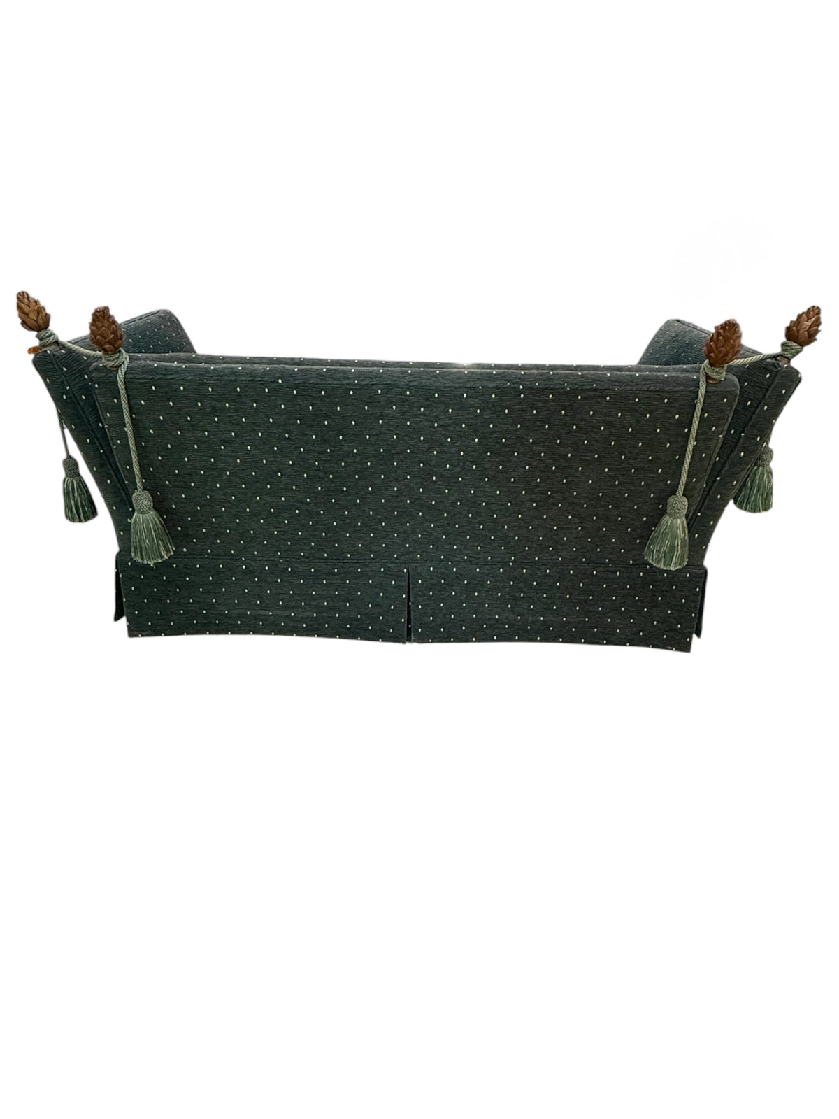 Two Vintage Green Ratchet Form Settees with Pine Finials by Baker