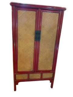 Red Asian Cabinet with Woven Front Doors