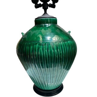Large Green Pottery Jar Lamp with Three Lights