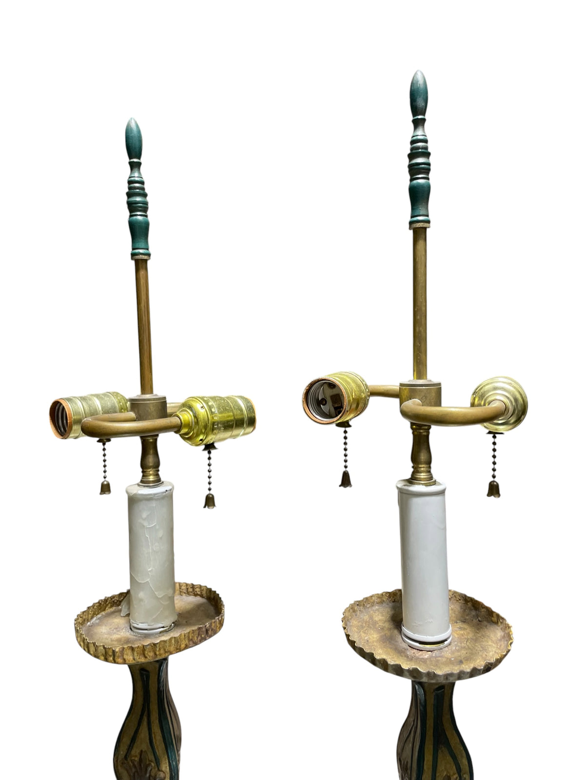 Pair Antique Hand Painted Tole Altar Candle Stick Lamps