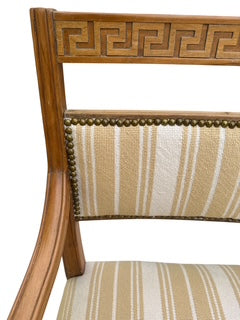 Pair Greek Key Design Carved Wood Arm Chairs