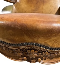 French Carved Wood and Leather Armchair