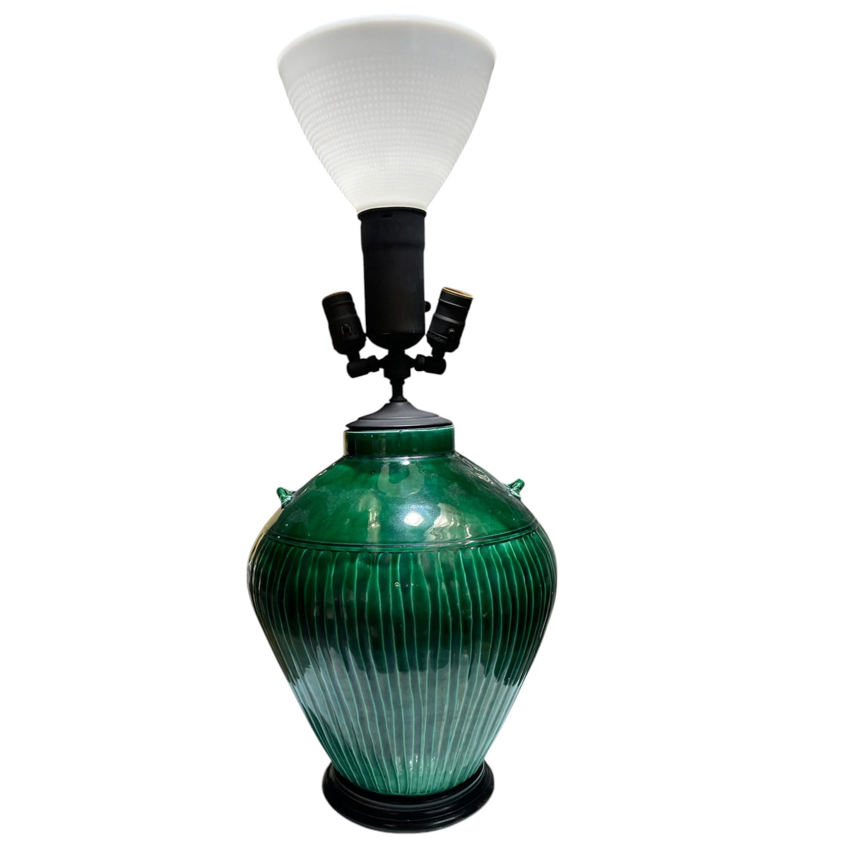 Large Green Pottery Jar Lamp with Three Lights