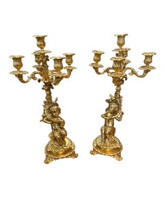 Pair Reproduction Gilt Bronze Putti Five Arm Candleabra