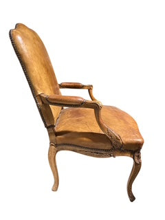 French Carved Wood and Leather Armchair