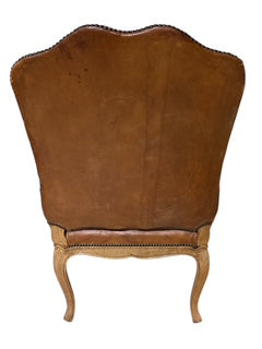French Carved Wood and Leather Armchair