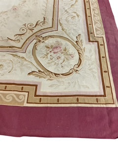 Oversized French Aubusson Rose Pink Border Rug