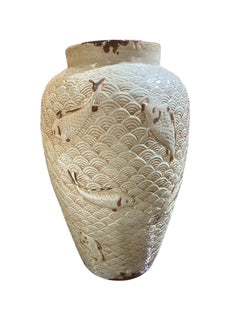 Fish Scale Design Pottery Large Covered Jar