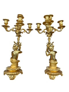 Pair Reproduction Gilt Bronze Putti Five Arm Candleabra
