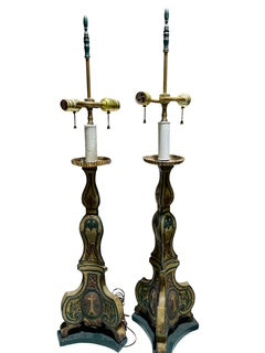 Pair Antique Hand Painted Tole Altar Candle Stick Lamps
