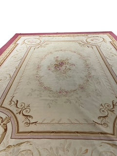 Oversized French Aubusson Rose Pink Border Rug