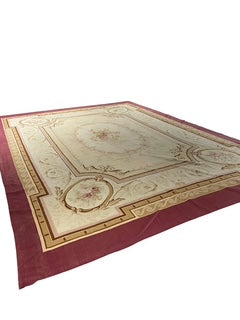Oversized French Aubusson Rose Pink Border Rug
