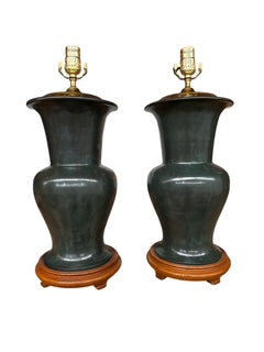 Pair Ceramic Black- Green Asian Form Urn Lamps