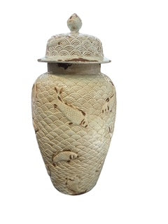 Fish Scale Design Pottery Large Covered Jar