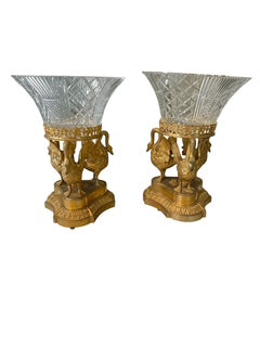 Pair Russian Gilt Bronze & Crystal Center Bowls