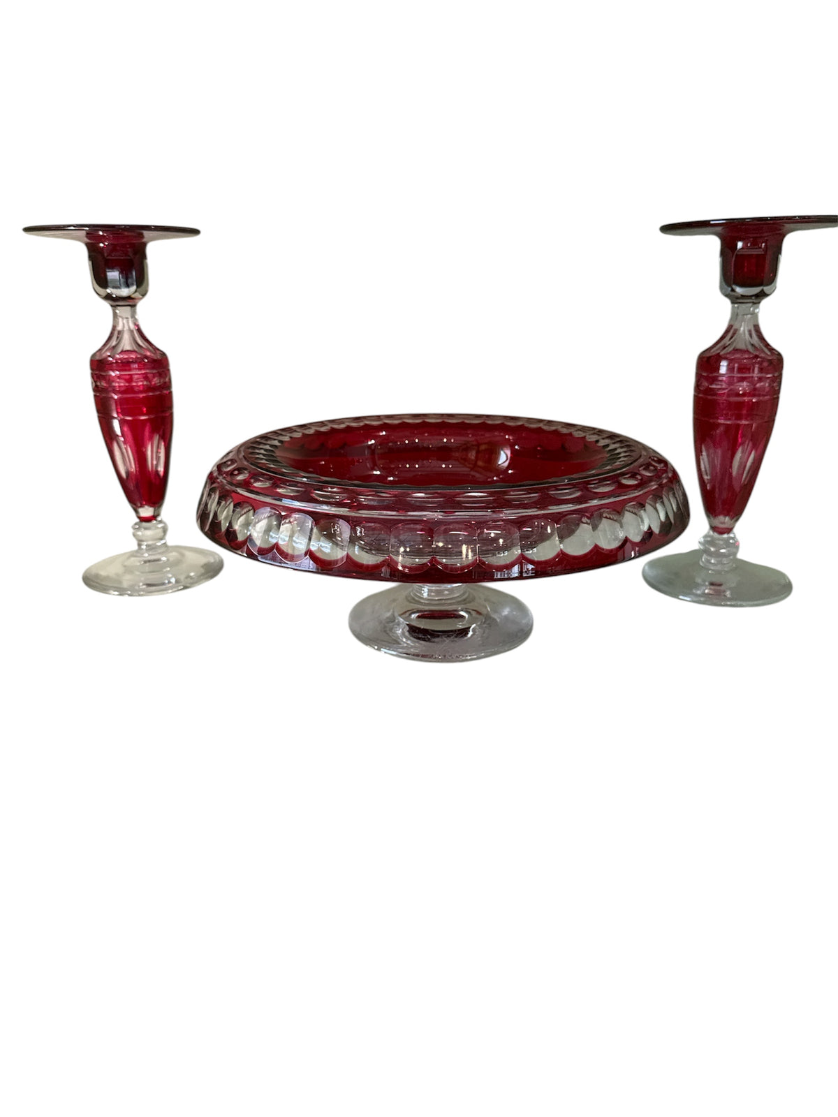 Three PieceCranberry Center Bowl and Candlesticks