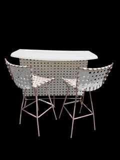 Vintage Keller Scroll Aluminum X Campaign Director Bar and Two Stools