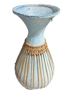 Pair Light Blue Wicker Urns