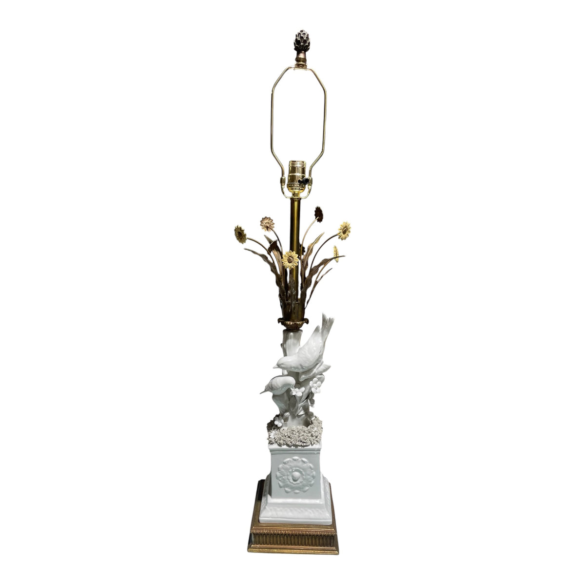 Tall Statuary Looking Lamp with China Birds and Brass Flowers