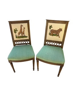 Pair Green Seat Chairs with Needlepoint Back - Animals