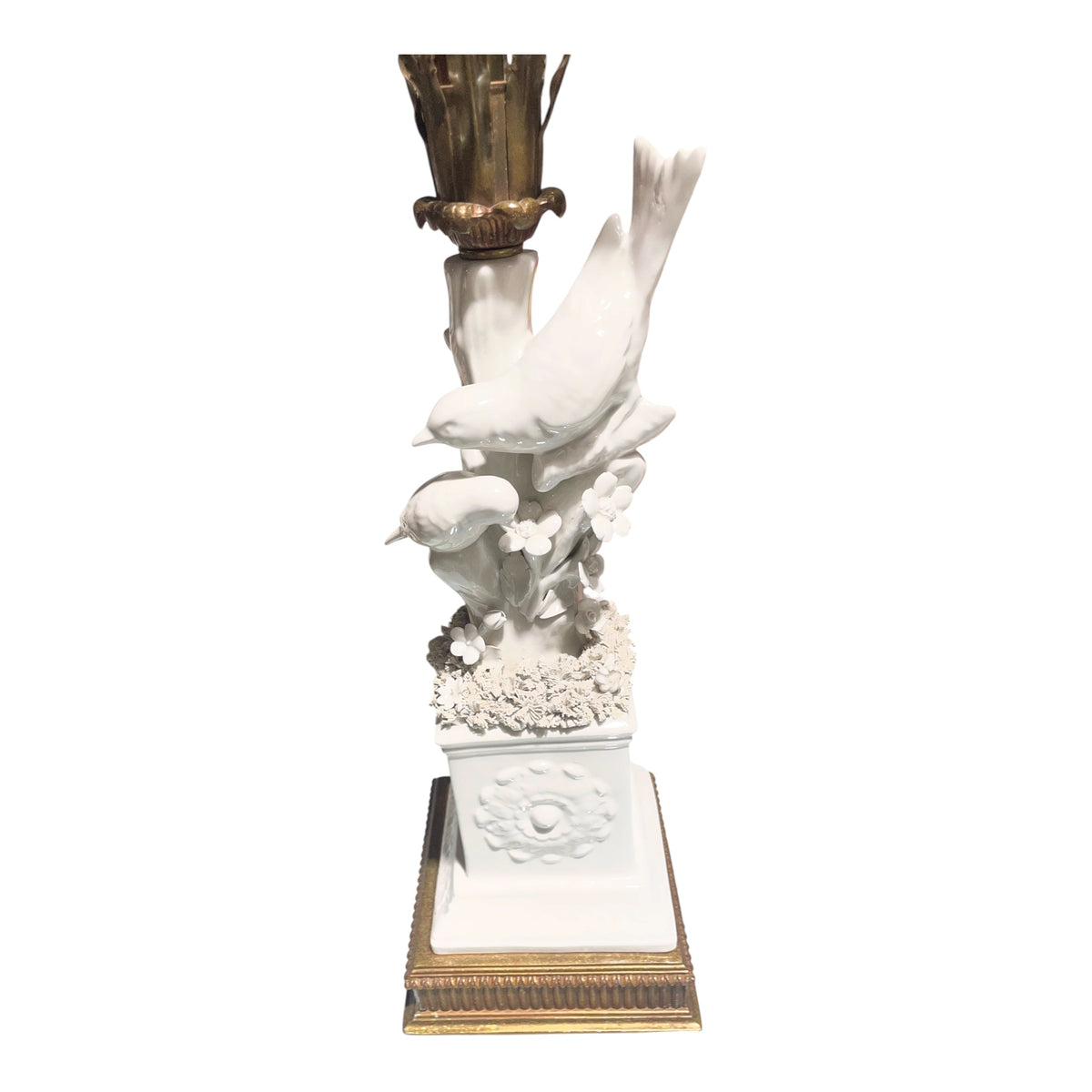 Tall Statuary Looking Lamp with China Birds and Brass Flowers