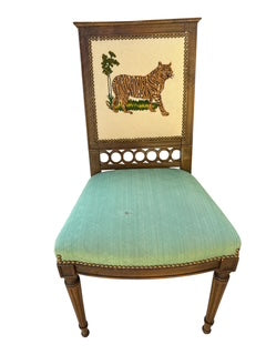 Pair Green Seat Chairs with Needlepoint Back - Animals