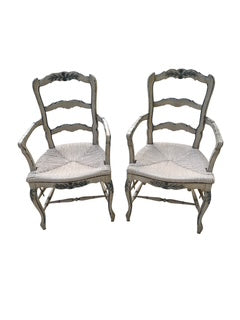 Pair Country French Armchairs with Woven Rush Seat
