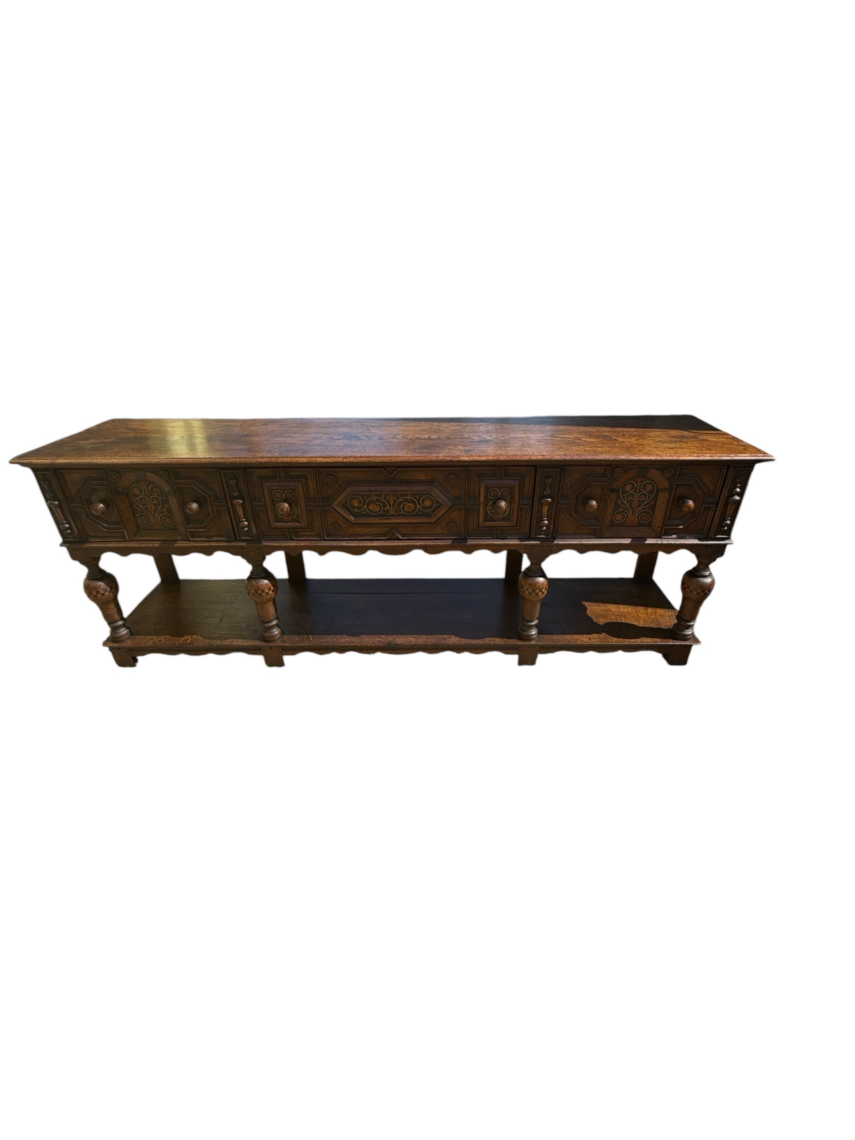 Jacobean Style Wood Server/Credenza with Three Carved Drawers
