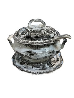 Black Transferware Tureen with Undertray and Ladle