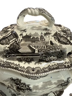 Black Transferware Tureen with Undertray and Ladle