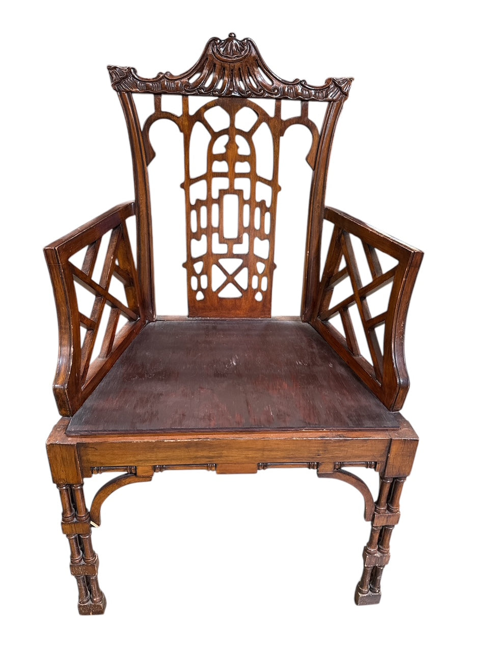 Pair Chinese Chippendale Pagoda Shape Arm Chairs