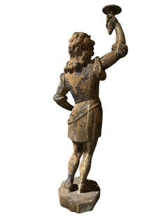 Antique Continental Carved Wood Figure With Torch