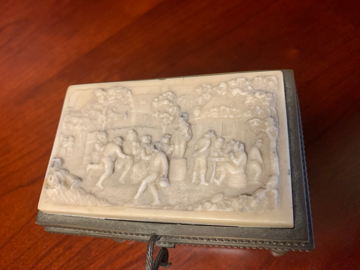 Antique Carved Stone Jewelry Casket with Figural Scene