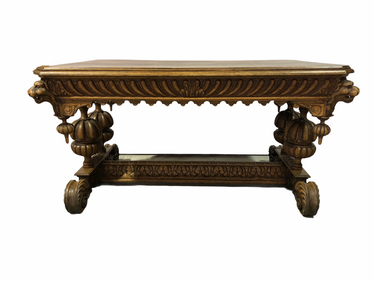English Oak Writing Table with Lion Heads