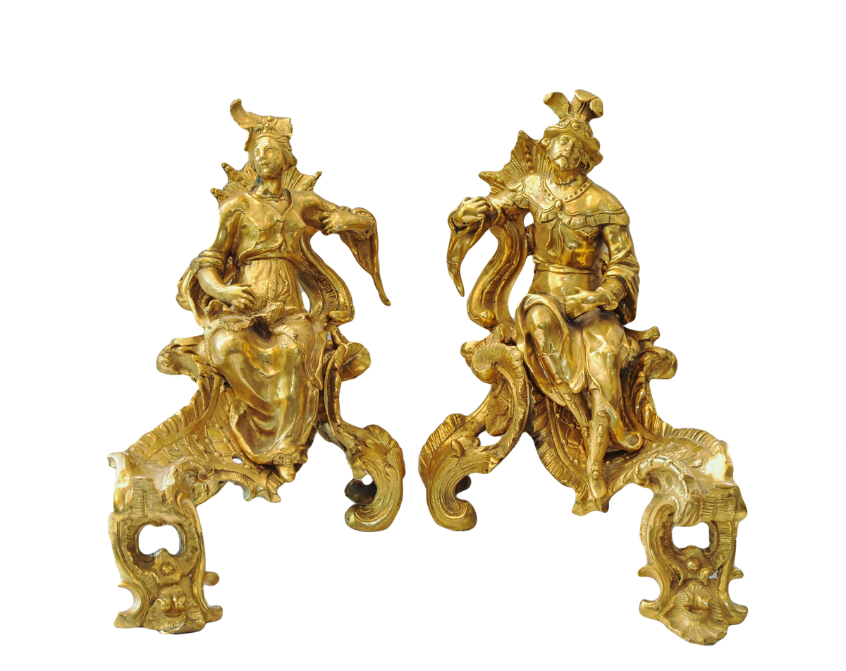 Fine Pair of Continental GIlt Bronze Figural Chenets