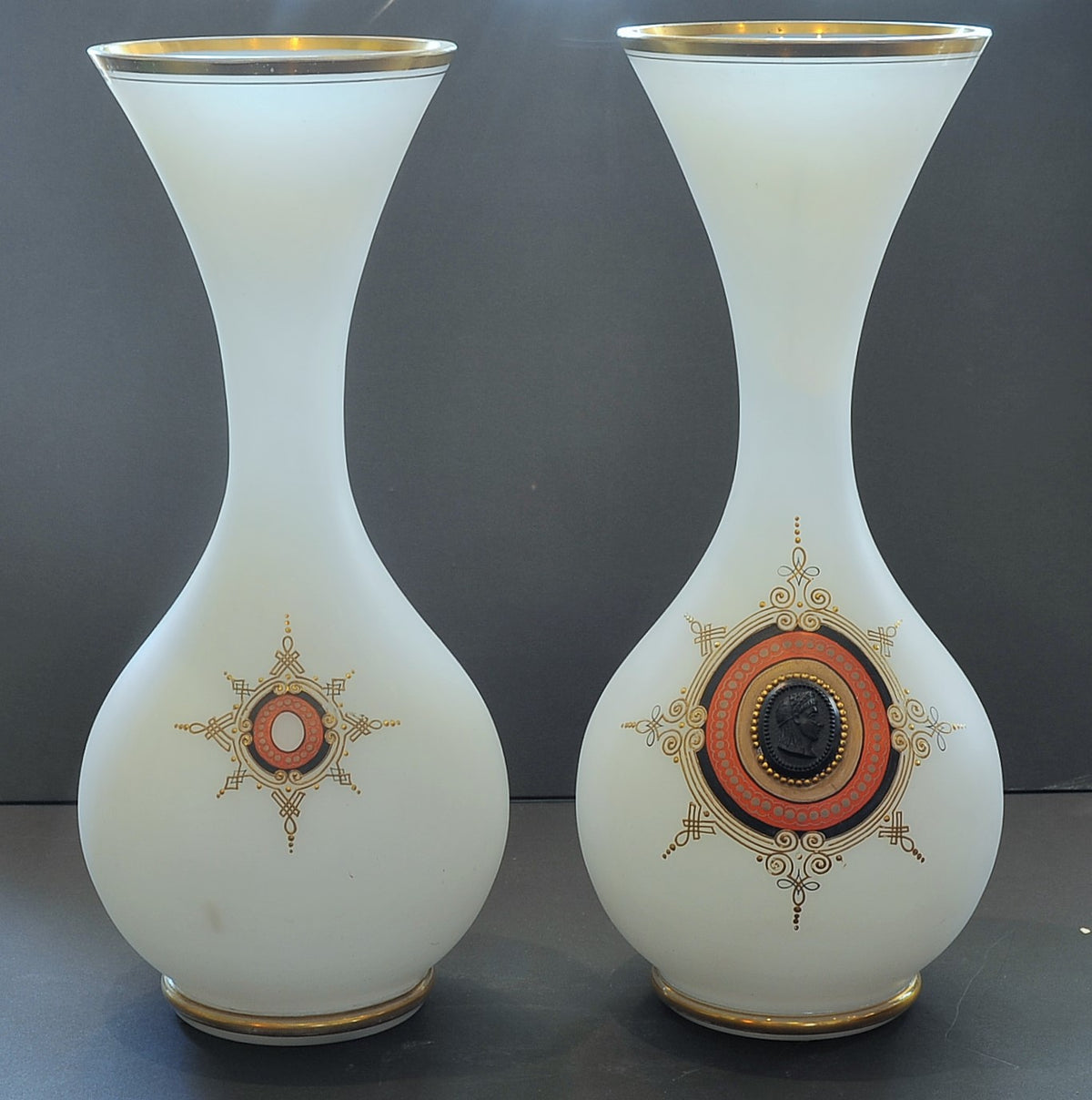 Pair of Large Bristol Glass Vases with Bronze Medallion. British