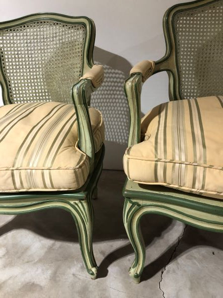 Pair Vintage Cane Painted Bergere Chairs