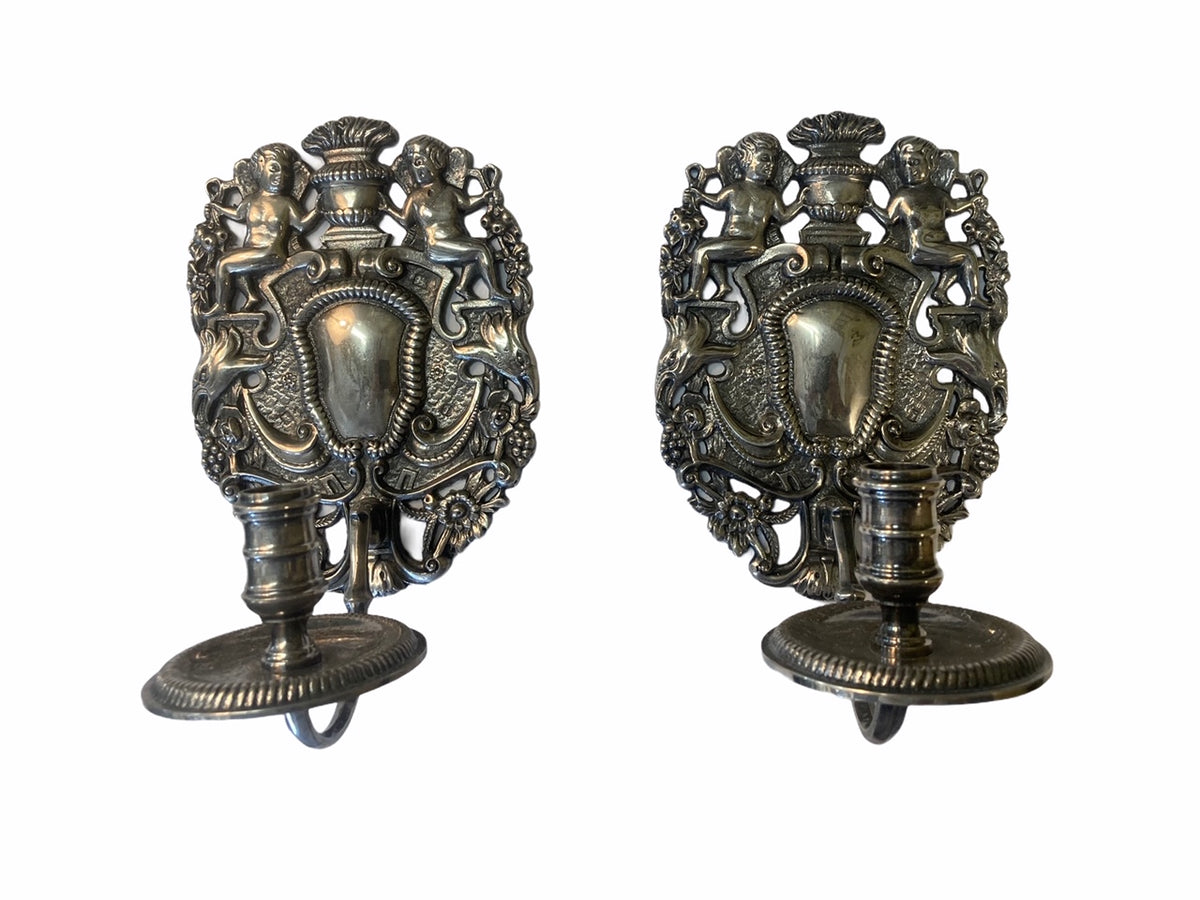 Pr. Silver Plate Figural Wall Sconces