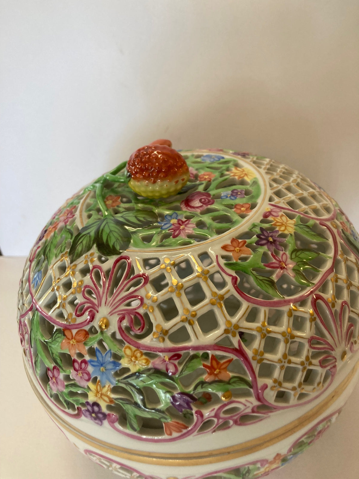 Herend Covered Cut Out Bowl With Strawberry Finial