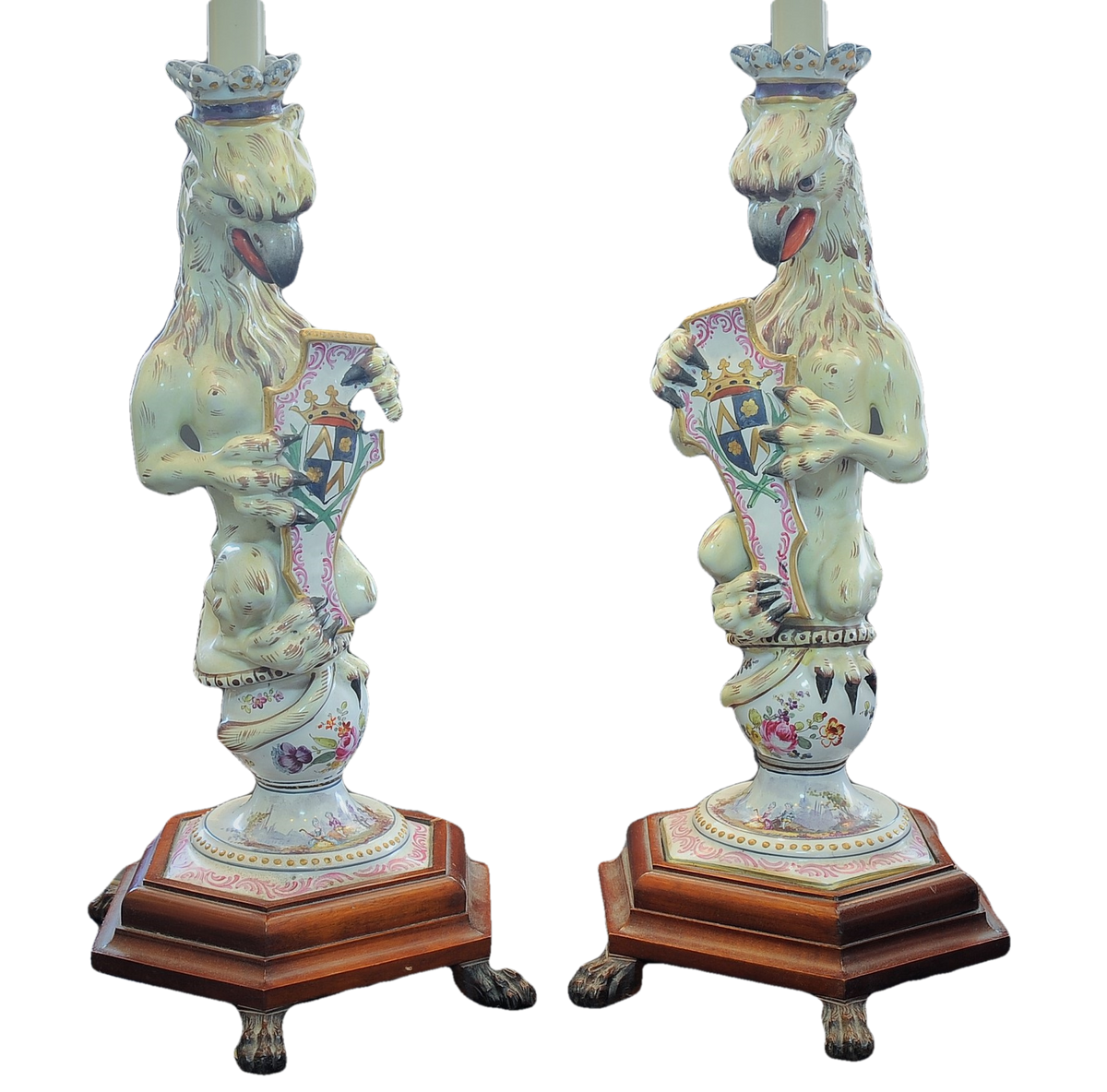 Opposing Pair of Porcelain Armorial Griffin Candlesticks or Lamps