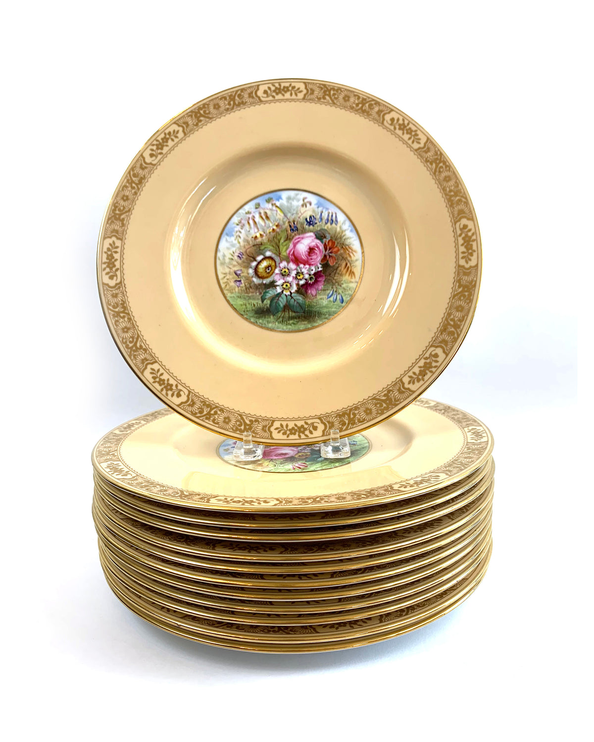 Set of Twelve Dinner Plates by Spode for Tiffany Beige with Floral Centers