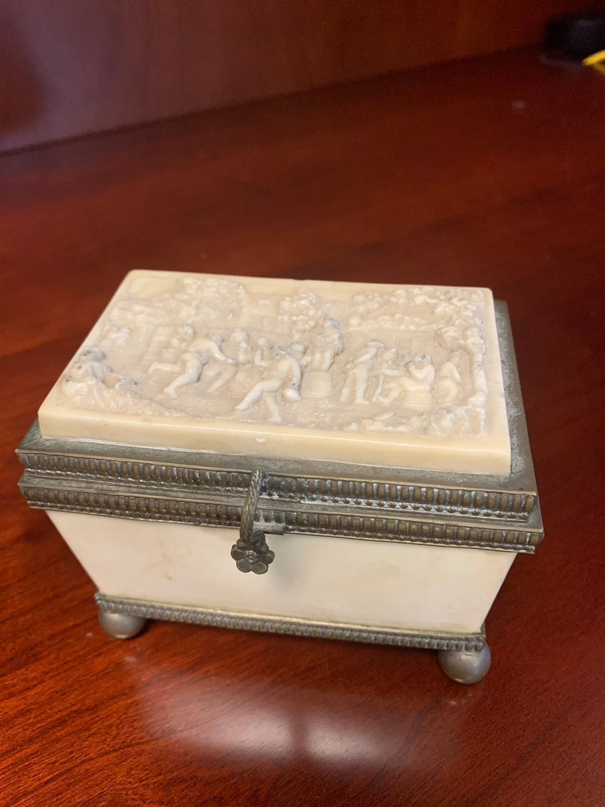 Antique Carved Stone Jewelry Casket with Figural Scene