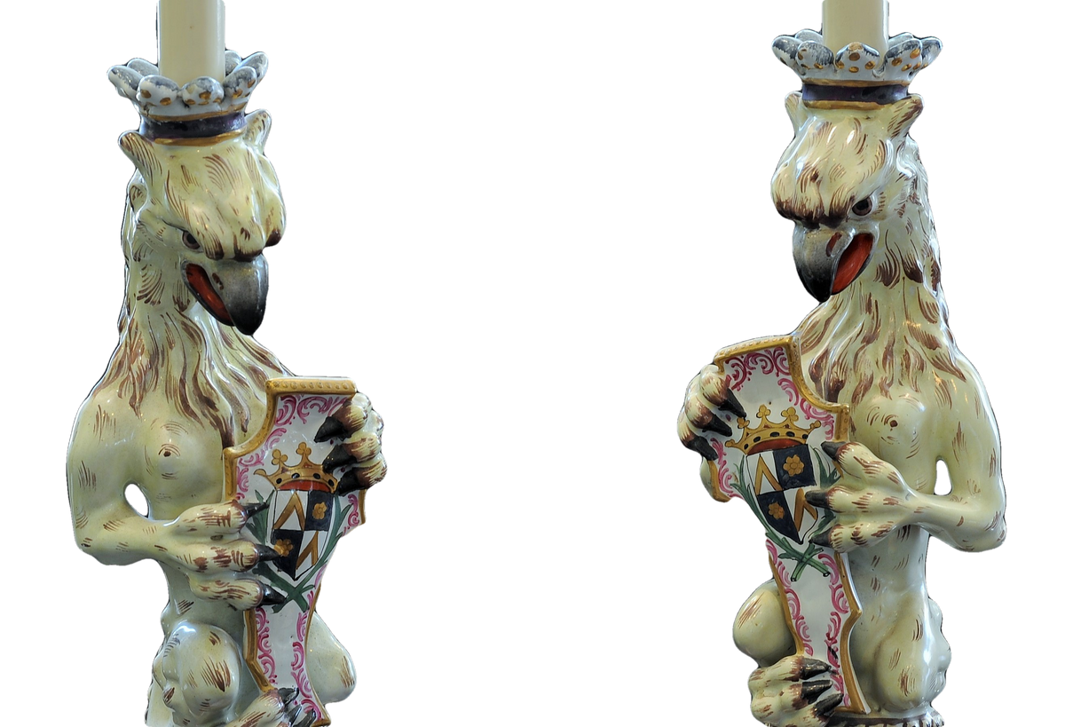Opposing Pair of Porcelain Armorial Griffin Candlesticks or Lamps